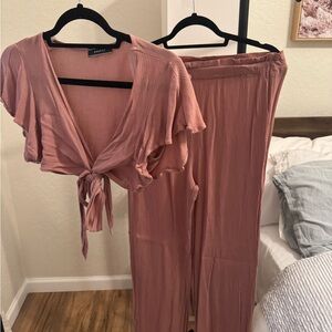 Pink Tie-Front Top and Pants Set